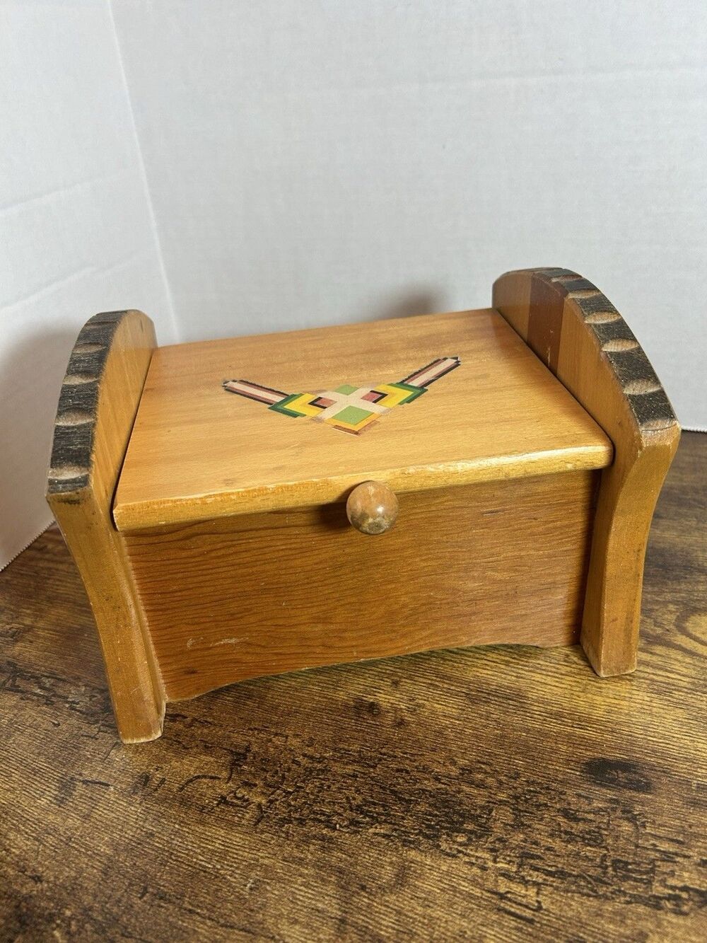 Vintage Wooden Trinket Box Southwest Sticker Design Jewelry Storage Rustic Decor